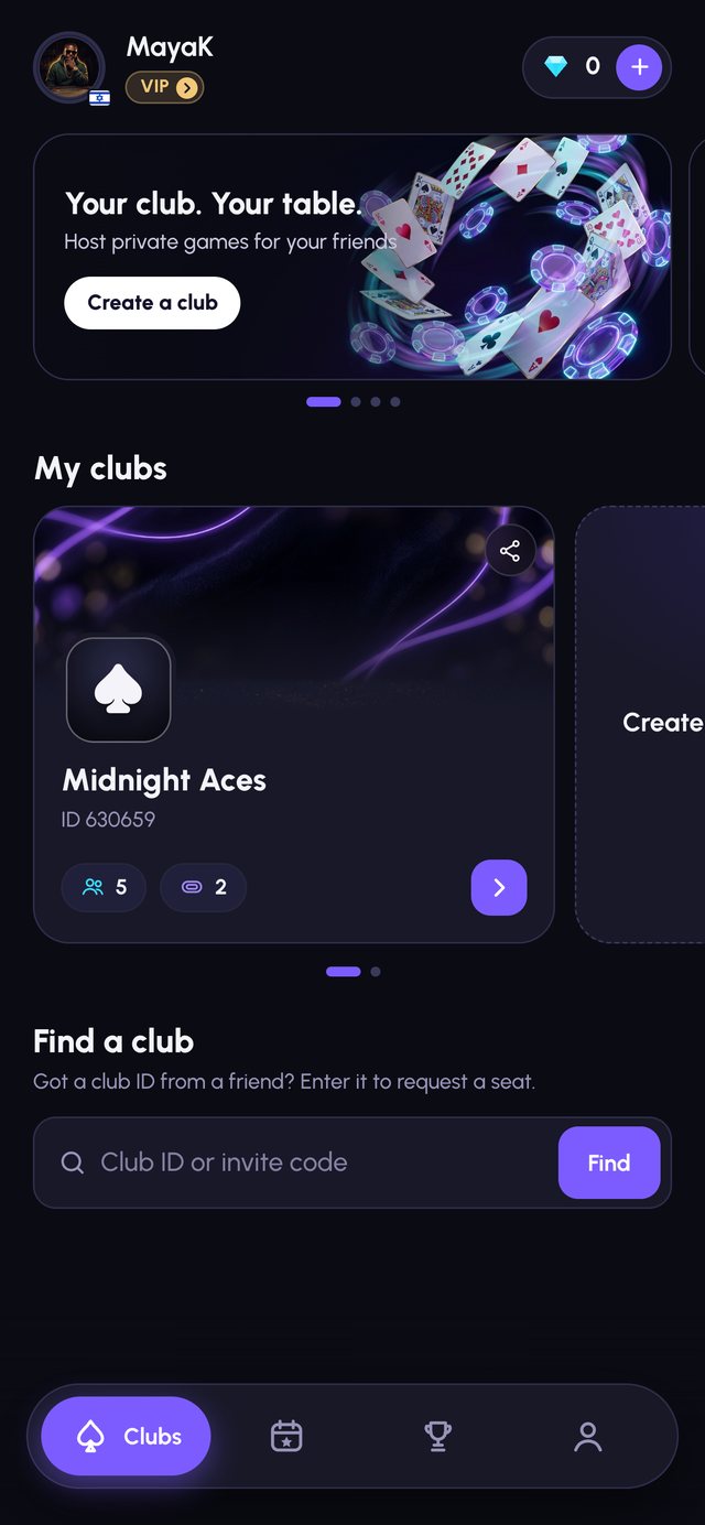 Felt Society app: Clubs & lobby